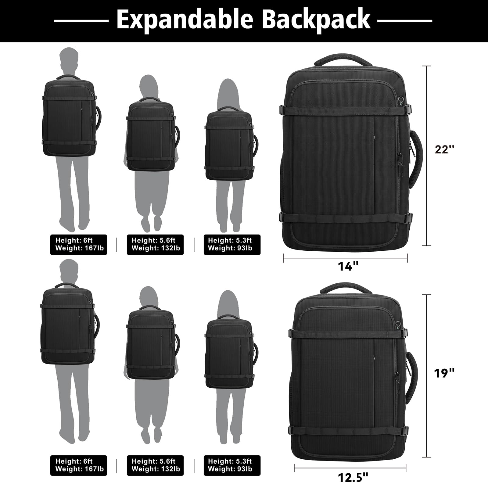 Ample Space Travel Backpack with LifetimeWarranty,Expandable Carry on Backpack with USB Cable Port,Fits 17.3"Laptop Notebook,Water Resistant Weekender Backpack Business Trips,Daily Travel,Black