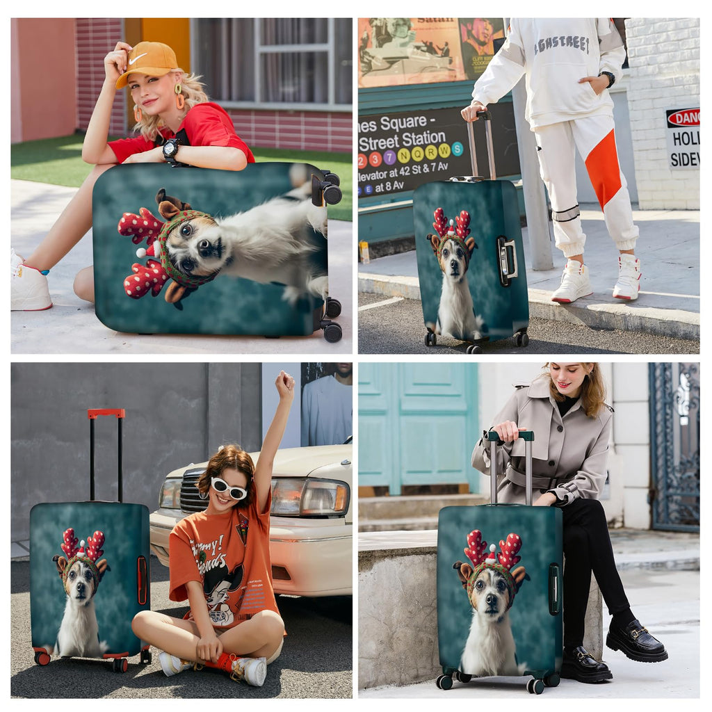 ANNA QUEEN Christmas Dog Luggage Cover, Cute Puppy with Reindeer Antlers Suitcase Protector, Washable Stretchable Travel Sleeve for 28 - 30 Inch Luggage