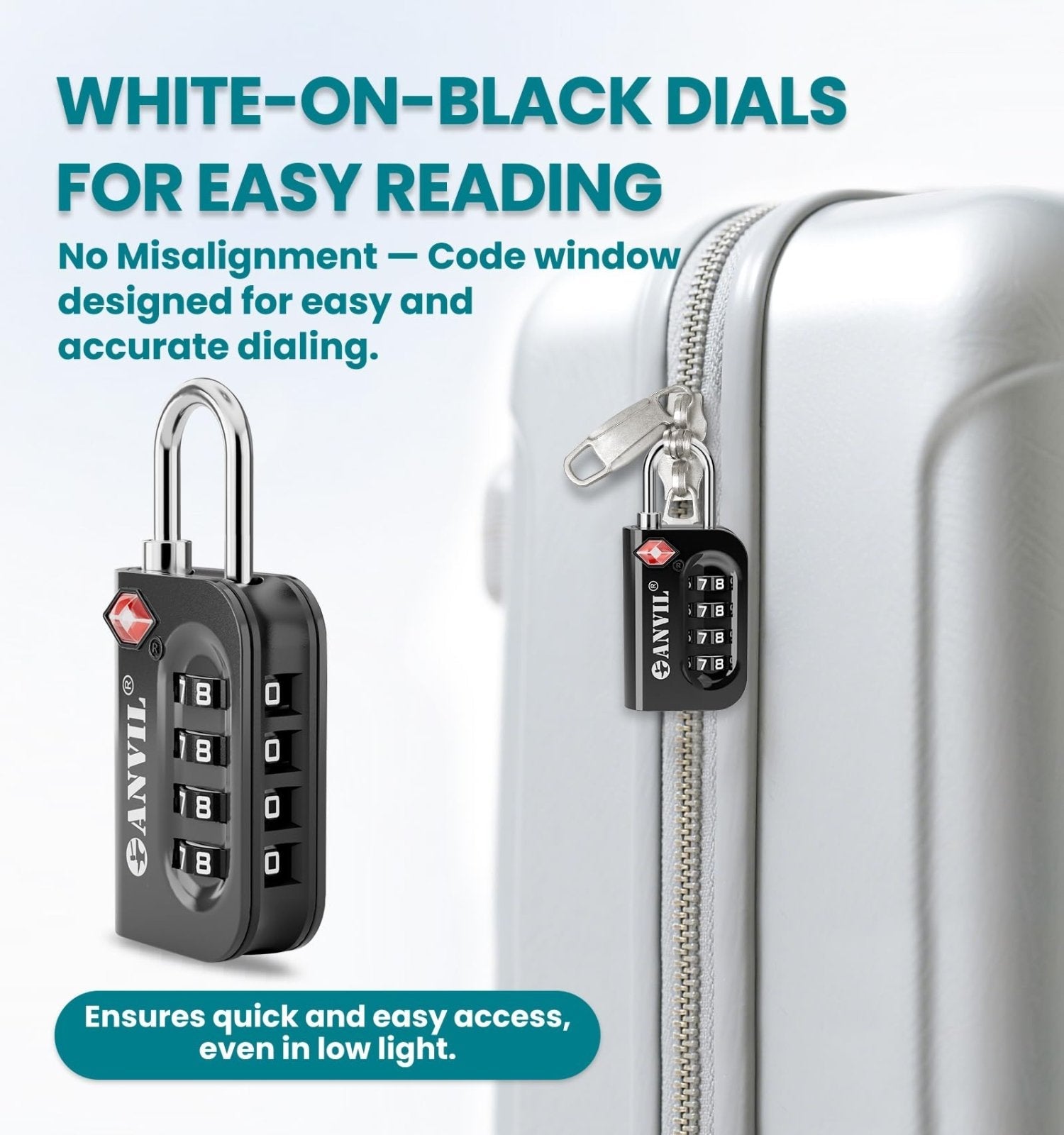 ANVIL TSA Approved Luggage Lock - 4 Digit Combination, 10,000 Combinations, Easy - Read Password Window, Travel Lock for Suitcases, Backpacks, Gym & Student Lockers, Baggage(Yellow 2 Pack)