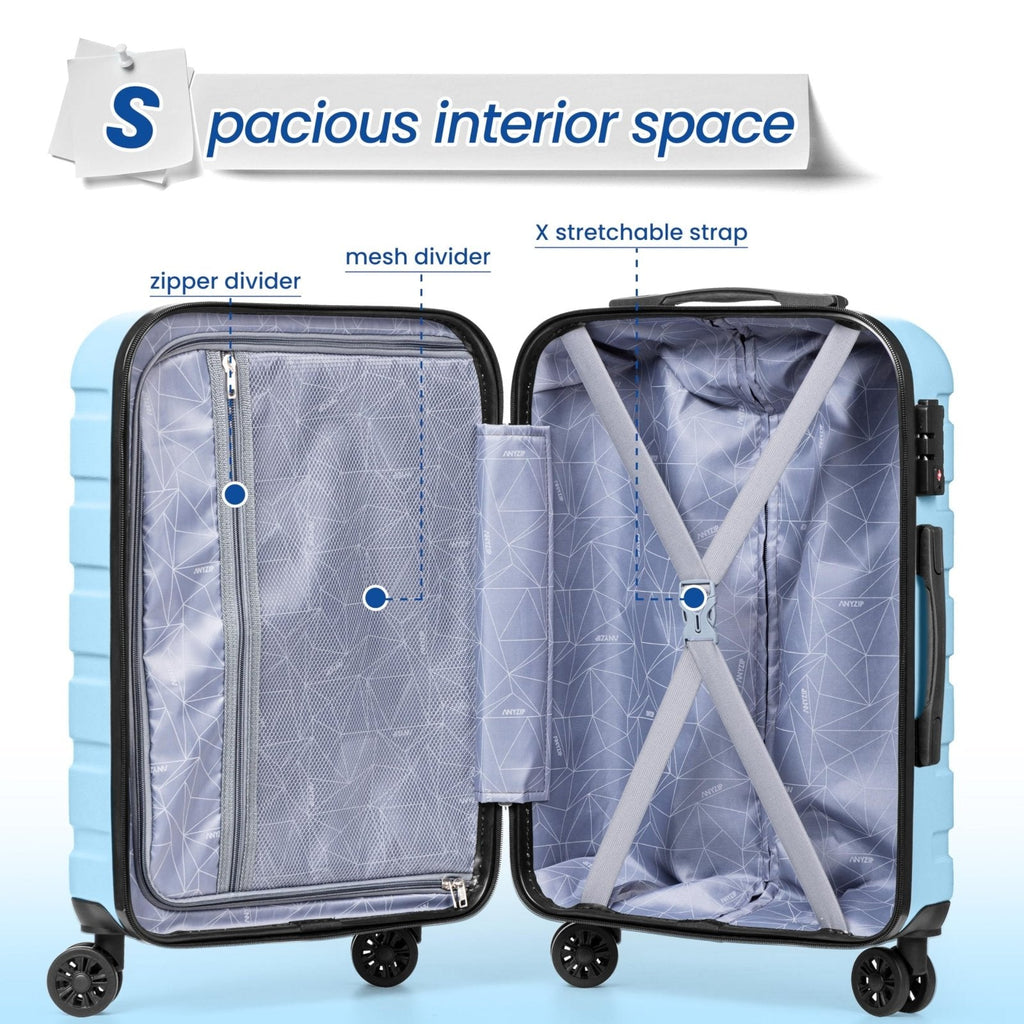 AnyZip Luggage Sets 3 Piece Hardshell Suitcase Set PC ABS Lightweight Travel Suitcases with 4 Double Spinner Wheels TSA Lock 20 24 28 Inch Light Blue