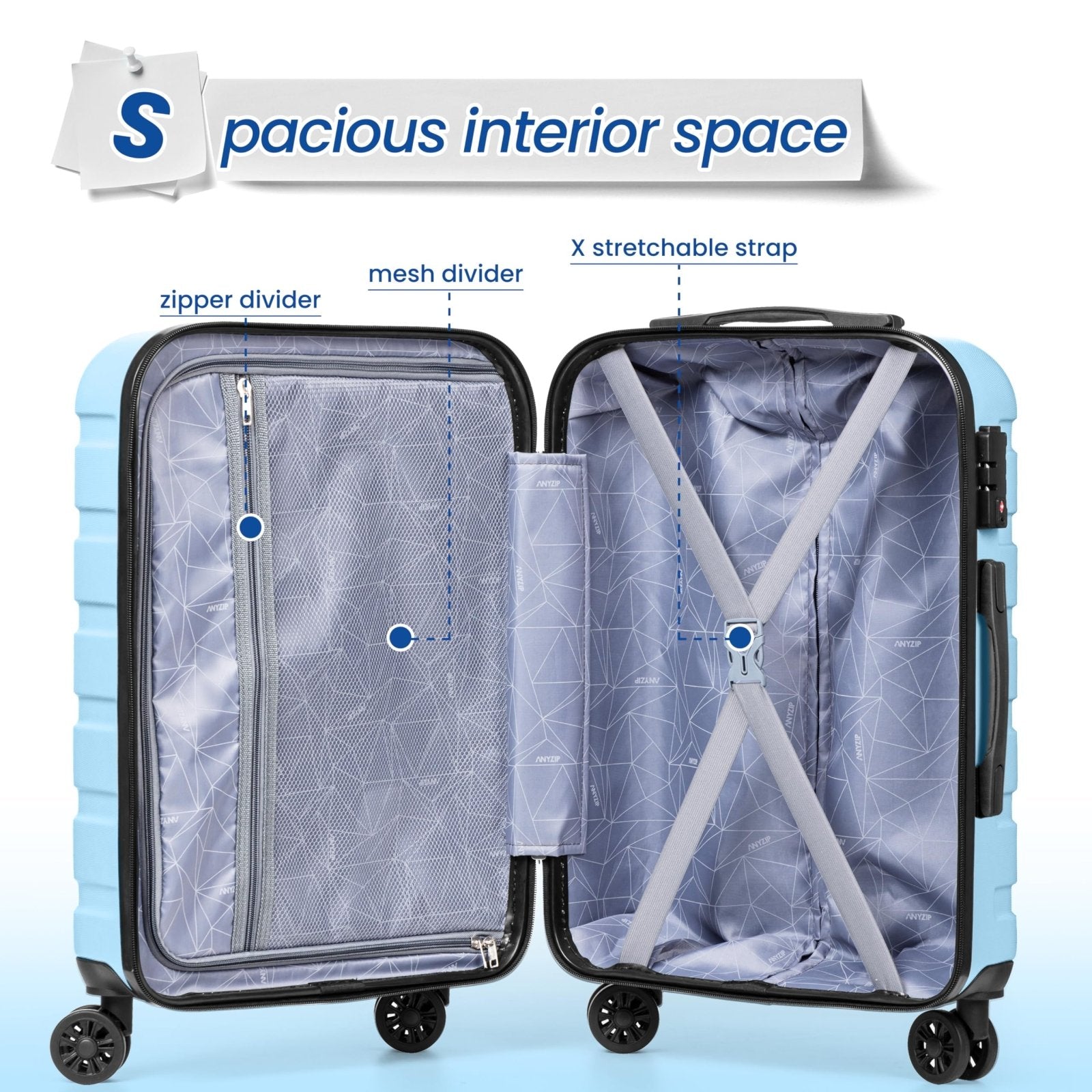 AnyZip Luggage Sets 3 Piece Hardshell Suitcase Set PC ABS Lightweight Travel Suitcases with 4 Double Spinner Wheels TSA Lock 20 24 28 Inch Light Blue