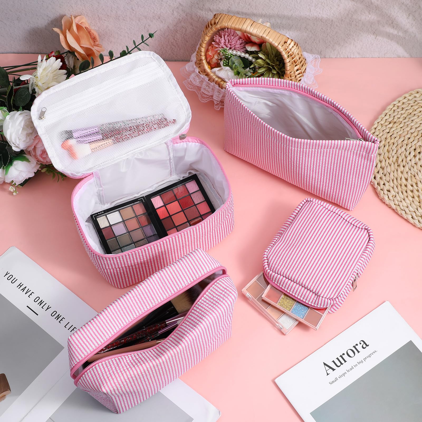AojSup 4 Pieces Travel Toiletry Bag Set for Women, Cute Makeup Bag Set with Pink Stripe Designs, Cotton Cosmetic Organizer Pouches for Brushes, Skincare, Essentials (Multi - Sizes)