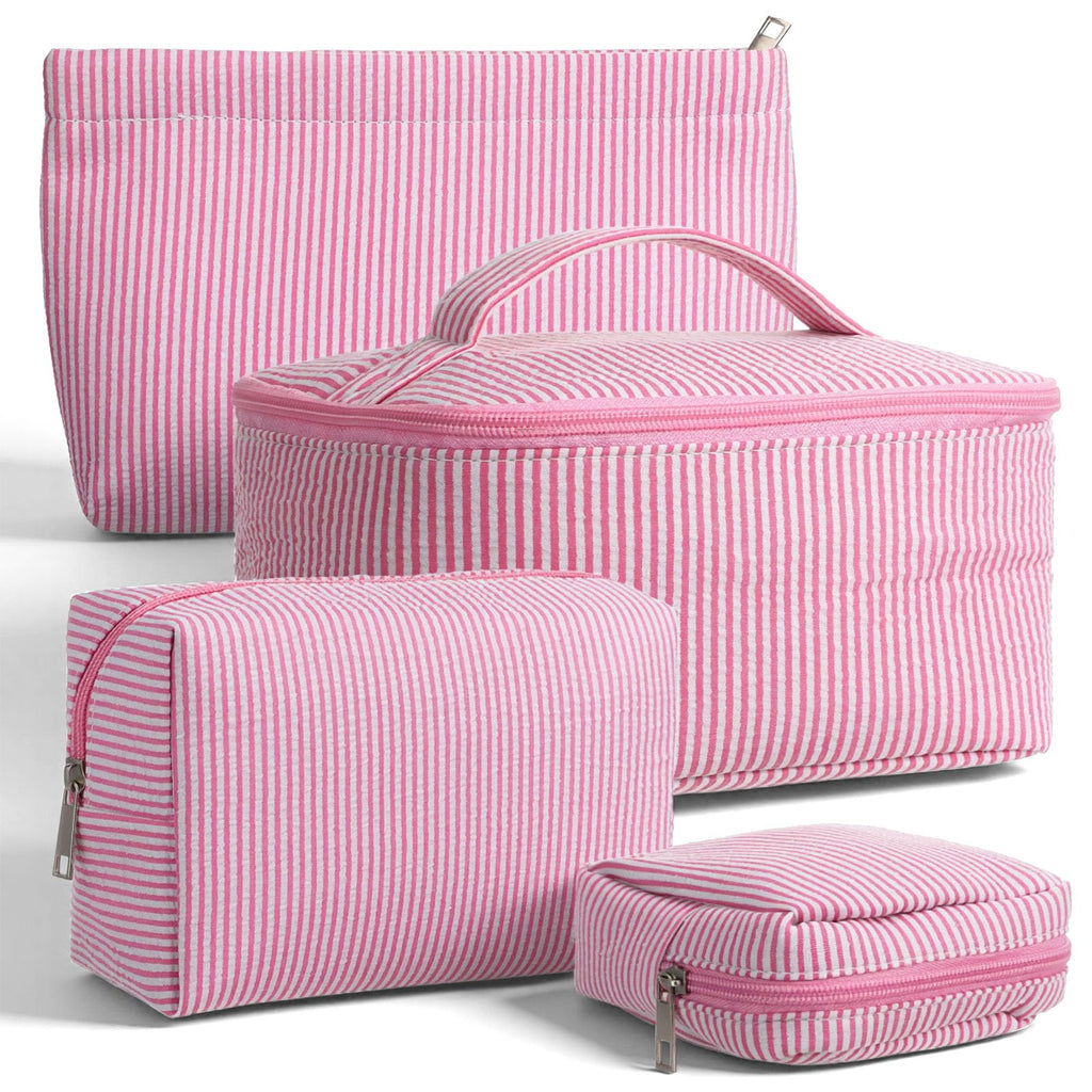 AojSup 4 Pieces Travel Toiletry Bag Set for Women, Cute Makeup Bag Set with Pink Stripe Designs, Cotton Cosmetic Organizer Pouches for Brushes, Skincare, Essentials (Multi-Sizes)