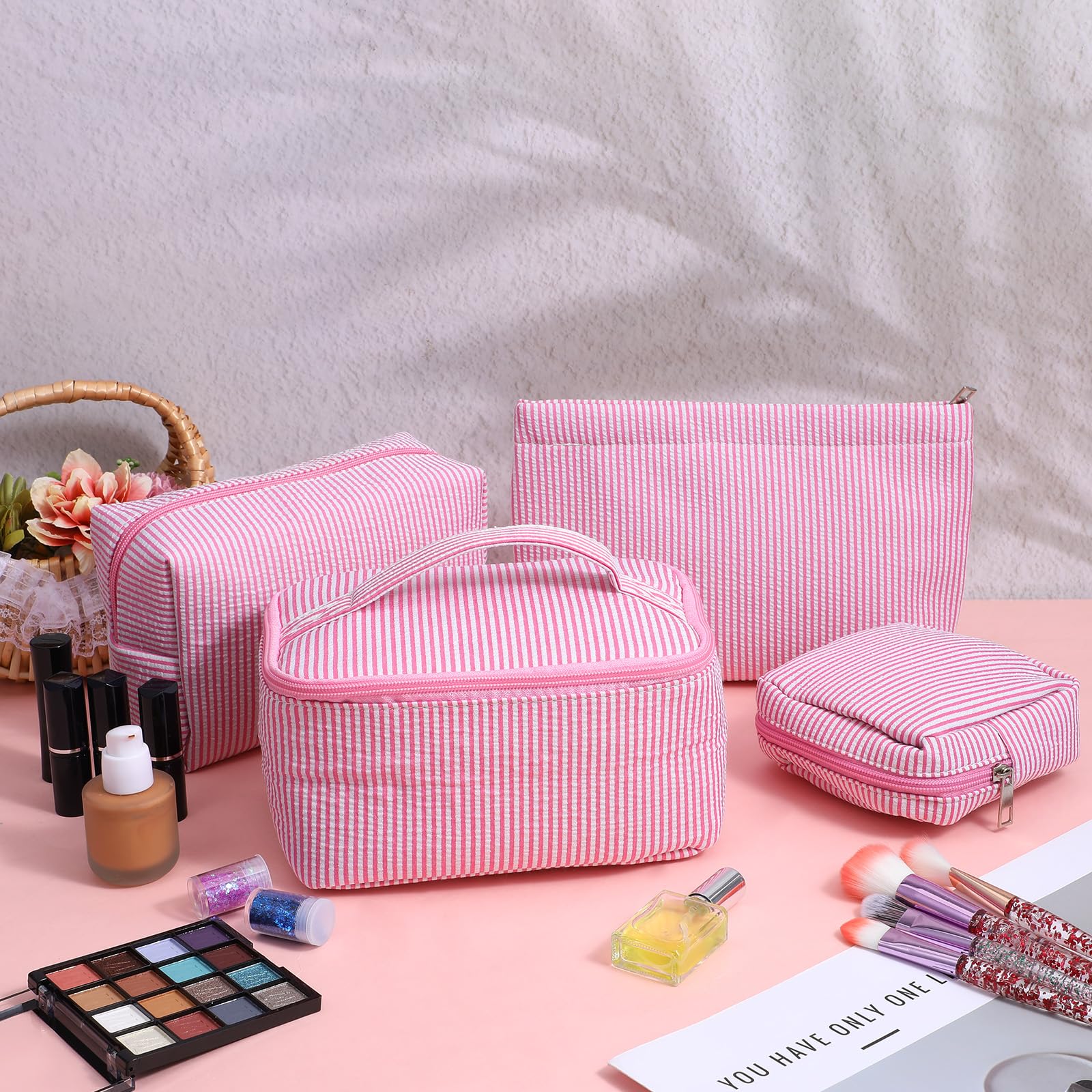 AojSup 4 Pieces Travel Toiletry Bag Set for Women, Cute Makeup Bag Set with Pink Stripe Designs, Cotton Cosmetic Organizer Pouches for Brushes, Skincare, Essentials (Multi - Sizes)