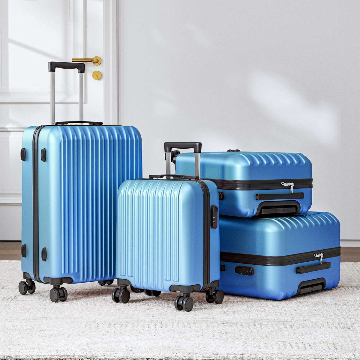 Apelila 4 Piece Luggage Sets for Travel, Hardshell Suitcase with Spinner Wheels (18/20/24/28 Inch), Lightweight Carry On & Checked Luggage for Family Vacation (Blue - Line)