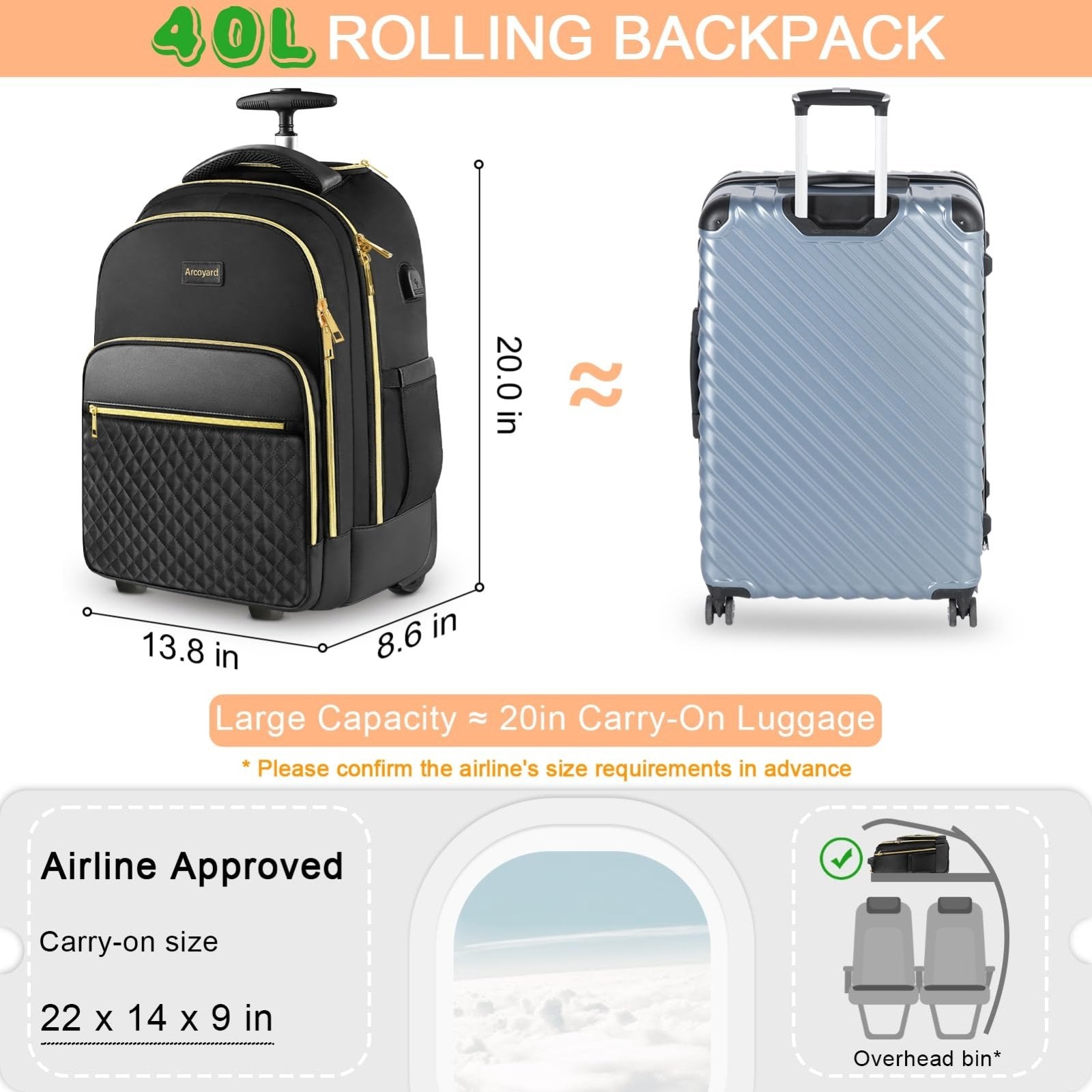 Arcoyard Rolling Backpack for Women, 17 inch Travel Laptop Wheeled Backpack with USB Charging Port for Adults, Large Water Resistant Carryon Luggage Roller Bag Flight Approved for Work College, Black