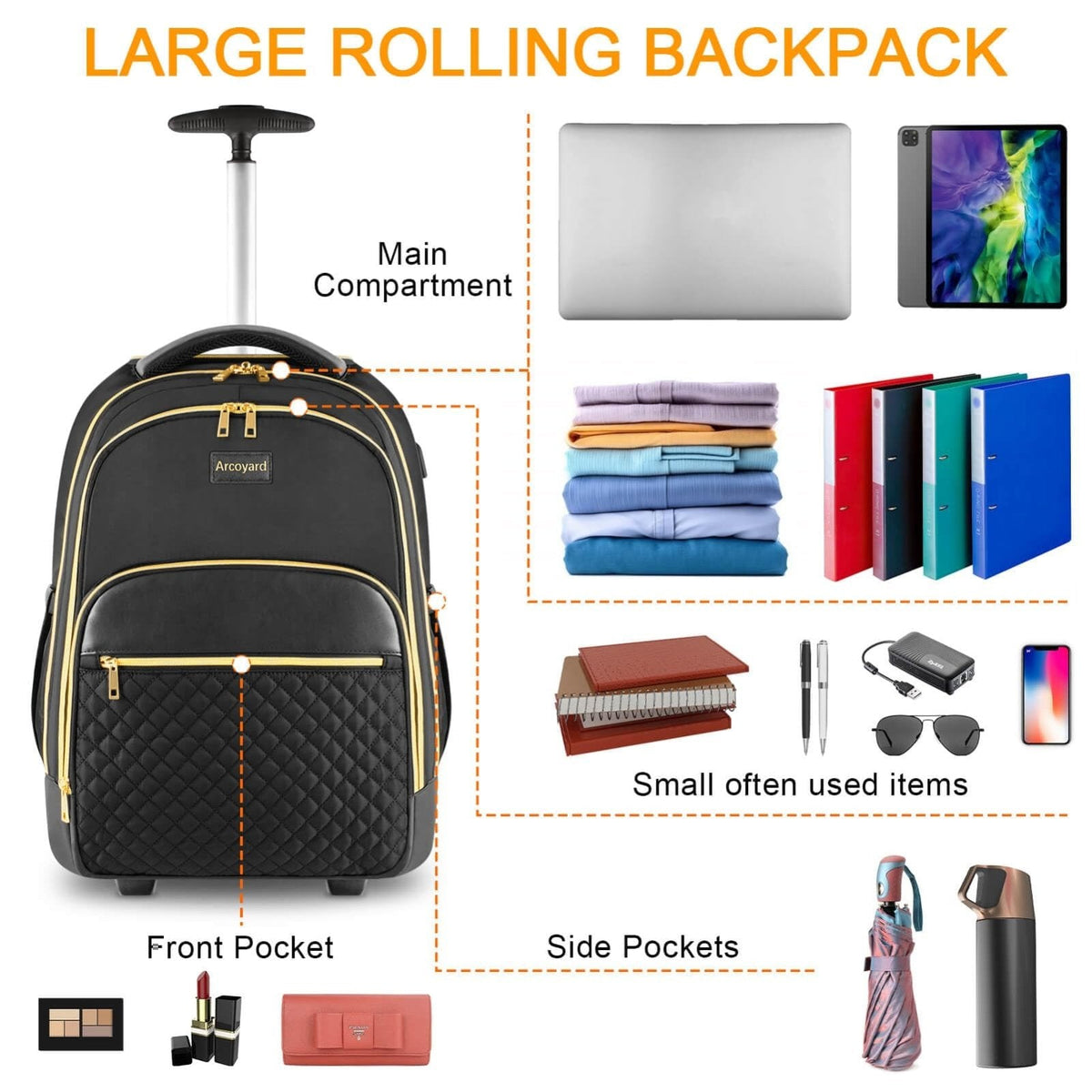 Arcoyard Rolling Backpack for Women, 17 inch Travel Laptop Wheeled Backpack with USB Charging Port for Adults, Large Water Resistant Carryon Luggage Roller Bag Flight Approved for Work College, Black