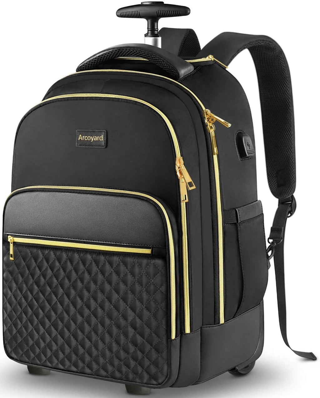 Arcoyard Rolling Backpack for Women, 17 inch Travel Laptop Wheeled Backpack with USB Charging Port for Adults, Large Water Resistant Carryon Luggage Roller Bag Flight Approved for Work College, Black