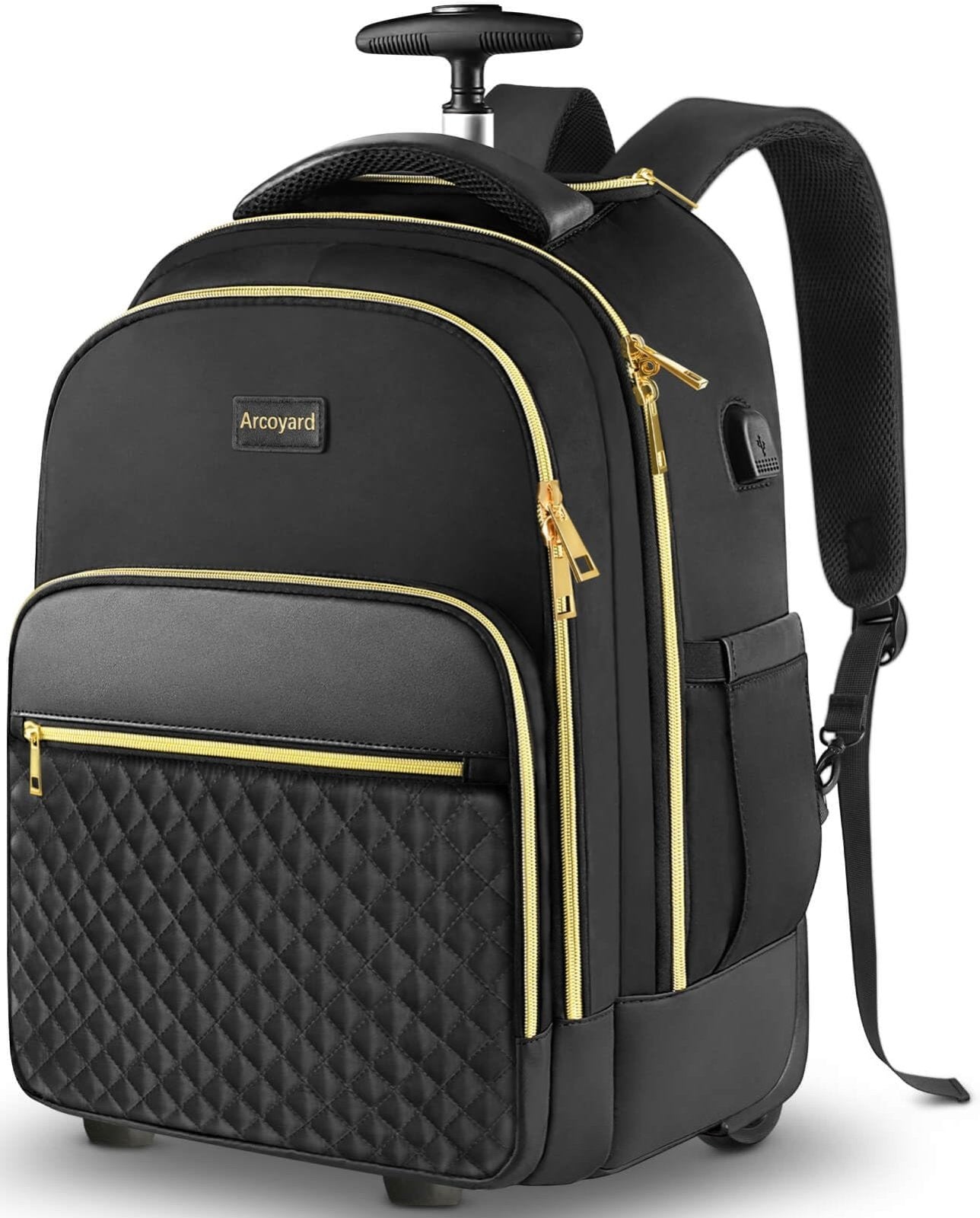 Arcoyard Rolling Backpack for Women, 17 inch Travel Laptop Wheeled Backpack with USB Charging Port for Adults, Large Water Resistant Carryon Luggage Roller Bag Flight Approved for Work College, Black