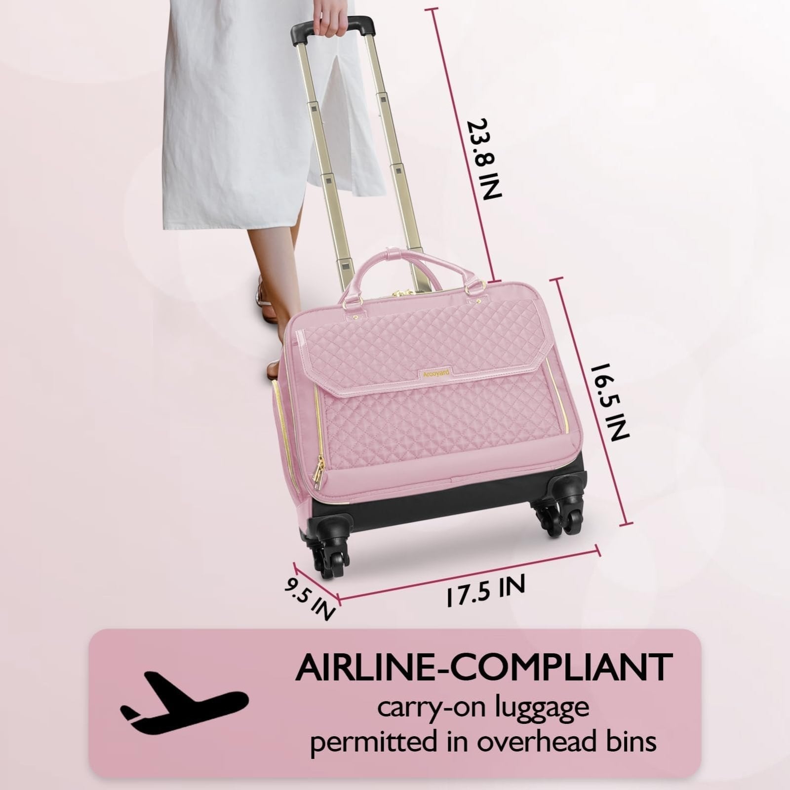 Arcoyard Rolling Laptop Bag, Briefcase for Women with 4 Spinner Wheels and Telescopic Extendable Handle, Roller Computer Bag for Work Travel Carry On Luggage, TSA Friendly Design, Pink