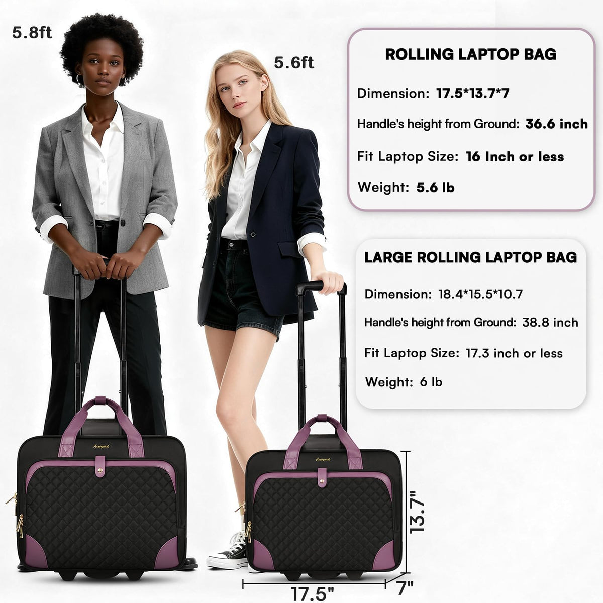 Arcoyard Rolling Laptop Bag, Rolling Briefcase for Women with Waterproof Pocket, 16 Inch Computer Bag, Underseat Carry On Luggage with Wheels for Work Travel Business, Lightweight Black Purple