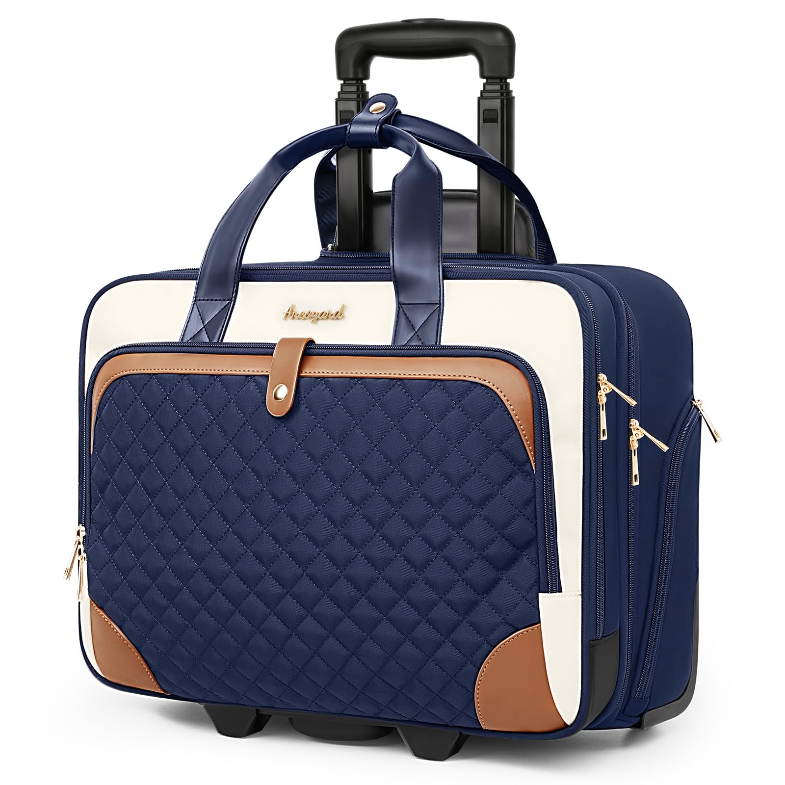 Arcoyard Rolling Laptop Bag, Rolling Briefcase for Women with Waterproof Pocket, 16 Inch Computer Bag, Underseat Carry On Luggage with Wheels for Work Travel Business, Lightweight Navy Blue Brown