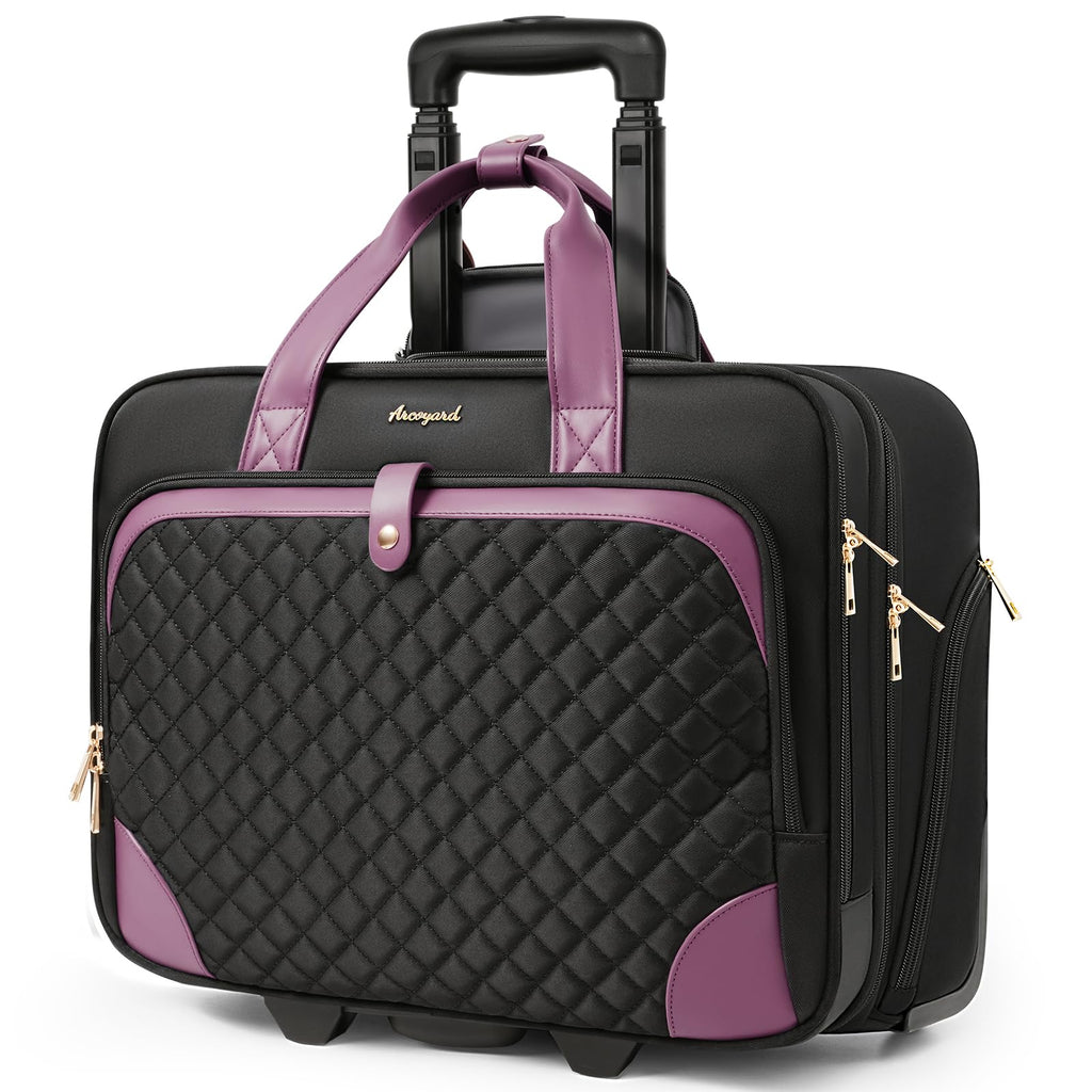 Arcoyard Rolling Laptop Bag, Rolling Briefcase for Women with Waterproof Pocket, 16 Inch Computer Bag, Underseat Carry On Luggage with Wheels for Work Travel Business, Lightweight Black Purple