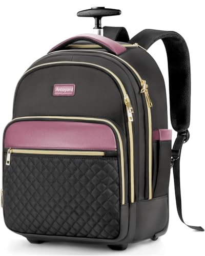 Arcoyard Small Rolling Backpack for Women with Wheels, Roller Laptop Travel Backpack, Lightweight Water Resistant Wheeled Underseat Carry On Luggage for Work and College, Black Purple