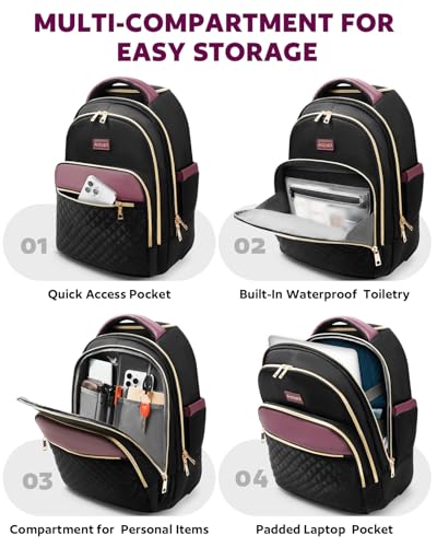 Arcoyard Small Rolling Backpack for Women with Wheels, Roller Laptop Travel Backpack, Lightweight Water Resistant Wheeled Underseat Carry On Luggage for Work and College, Black Purple