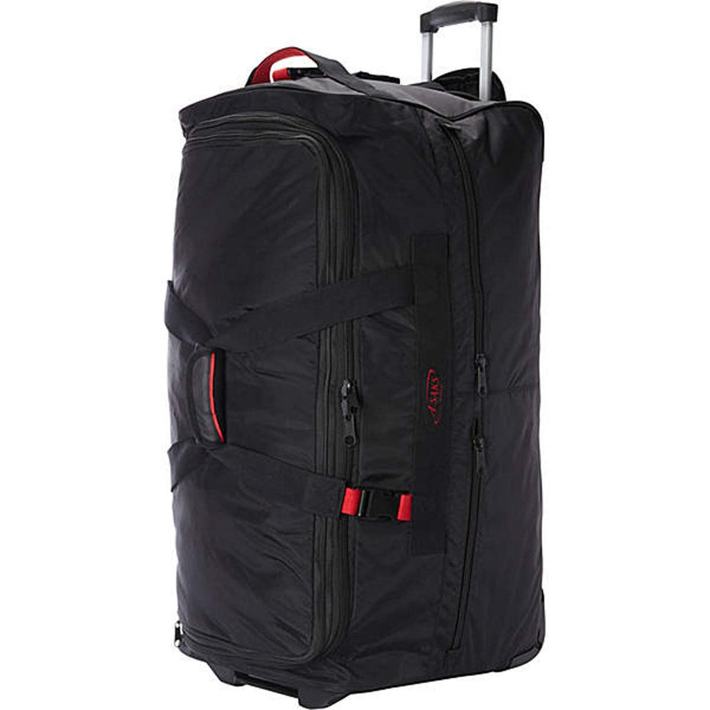 A.SAKS Rolling Trolley Duffel Bag 31-Inch Large Check-In, Expandable with 2-Wheels and Telescoping Handle for Easy Traveling, Lightweight and Durable, Black with Red Details