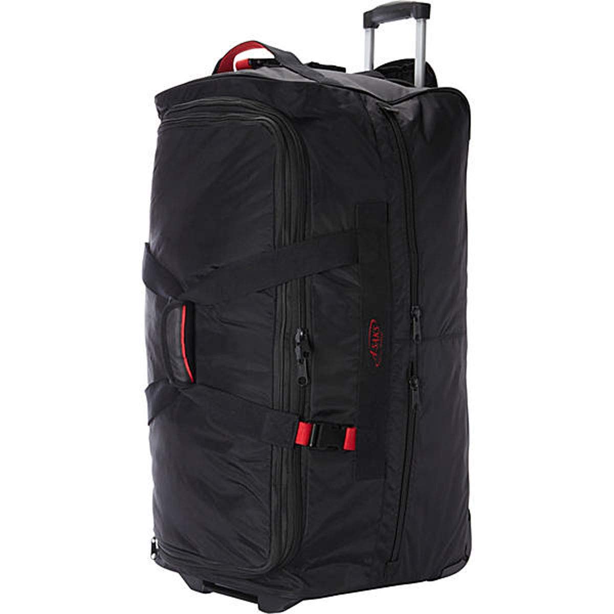 A.SAKS Rolling Trolley Duffel Bag 31-Inch Large Check-In, Expandable with 2-Wheels and Telescoping Handle for Easy Traveling, Lightweight and Durable, Black with Red Details