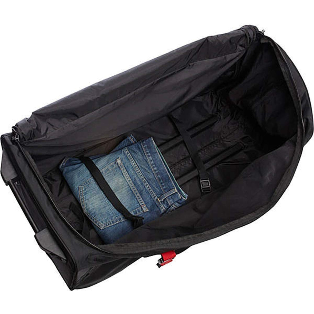 A.SAKS Rolling Trolley Duffel Bag 31 - Inch Large Check - In, Expandable with 2 - Wheels and Telescoping Handle for Easy Traveling, Lightweight and Durable, Black with Red Details