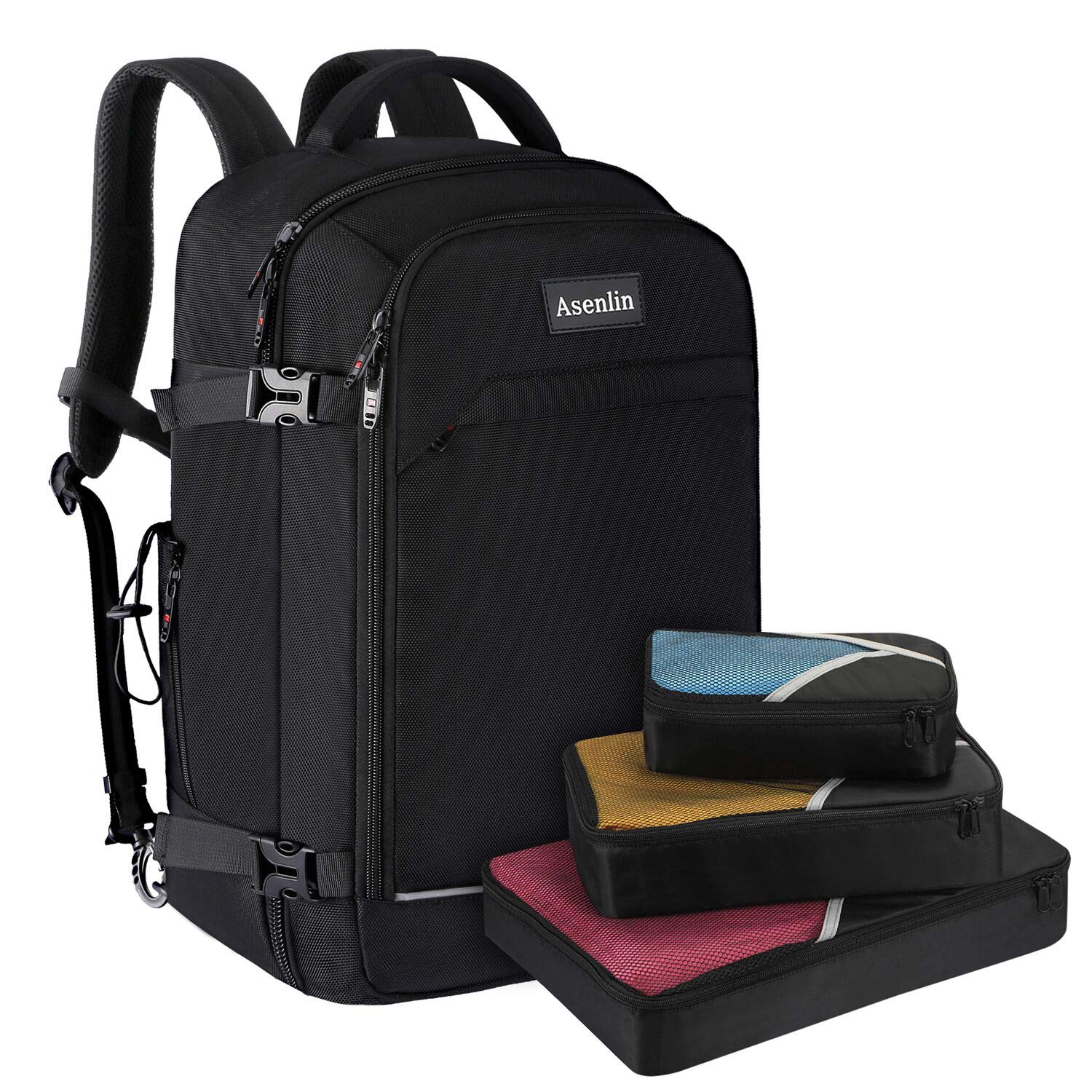 Asenlin 40L Travel Backpack for Women Men,Flight Approved Carry On Backpack with 17 Inch Laptop Compartment,Water Resistant Computer Backpack for College Weekender Overnight Daypack,Black