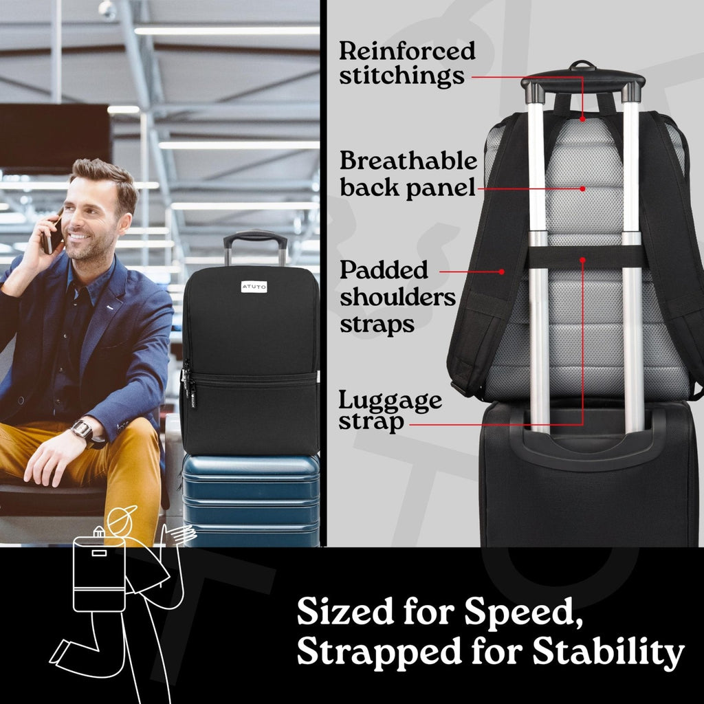 ATUTO Professional Black Laptop Backpack for Men 17 inch Compartment - Back Airflow & Fully Padded - Work & Travel Backpack for Men with Luggage Strap and Trolley Sleeve.