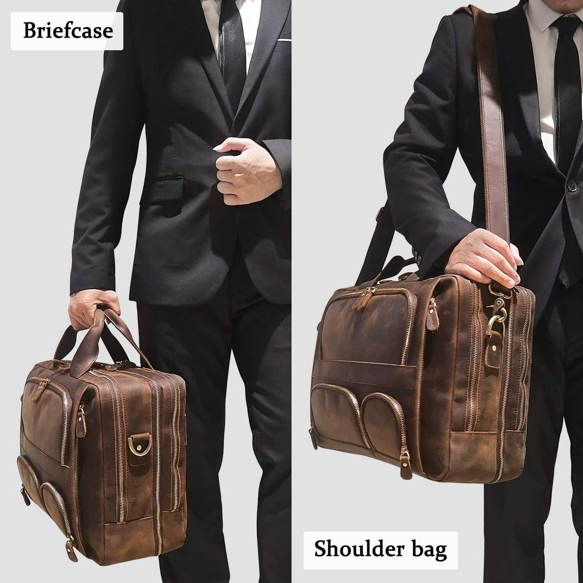 Augus Leather Briefcase Business Travel Duffel Bags for Men Laptop Bag fits 17 inches Laptop YKK Metal Zipper