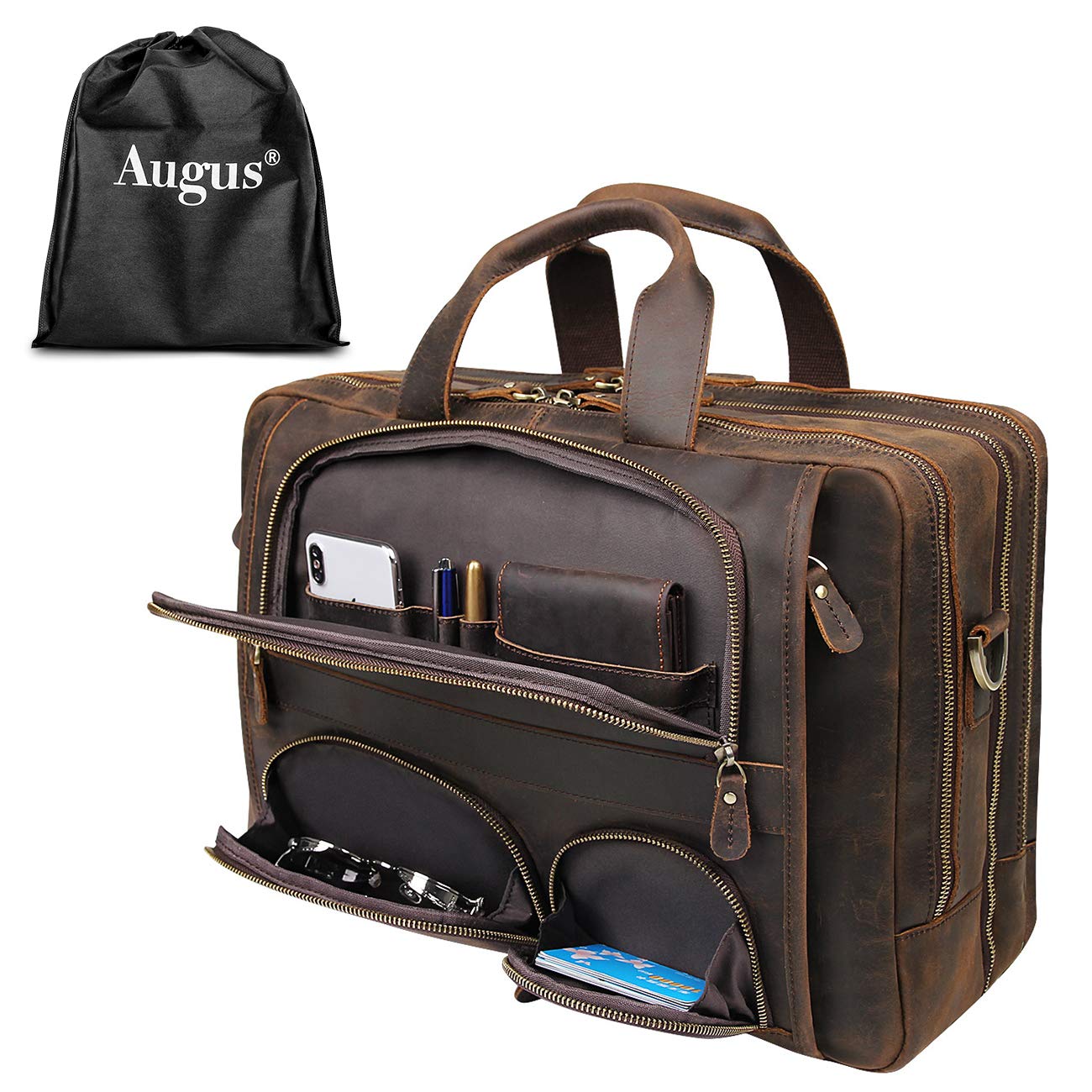 Augus Leather Briefcase Business Travel Duffel Bags for Men Laptop Bag fits 17 inches Laptop YKK Metal Zipper