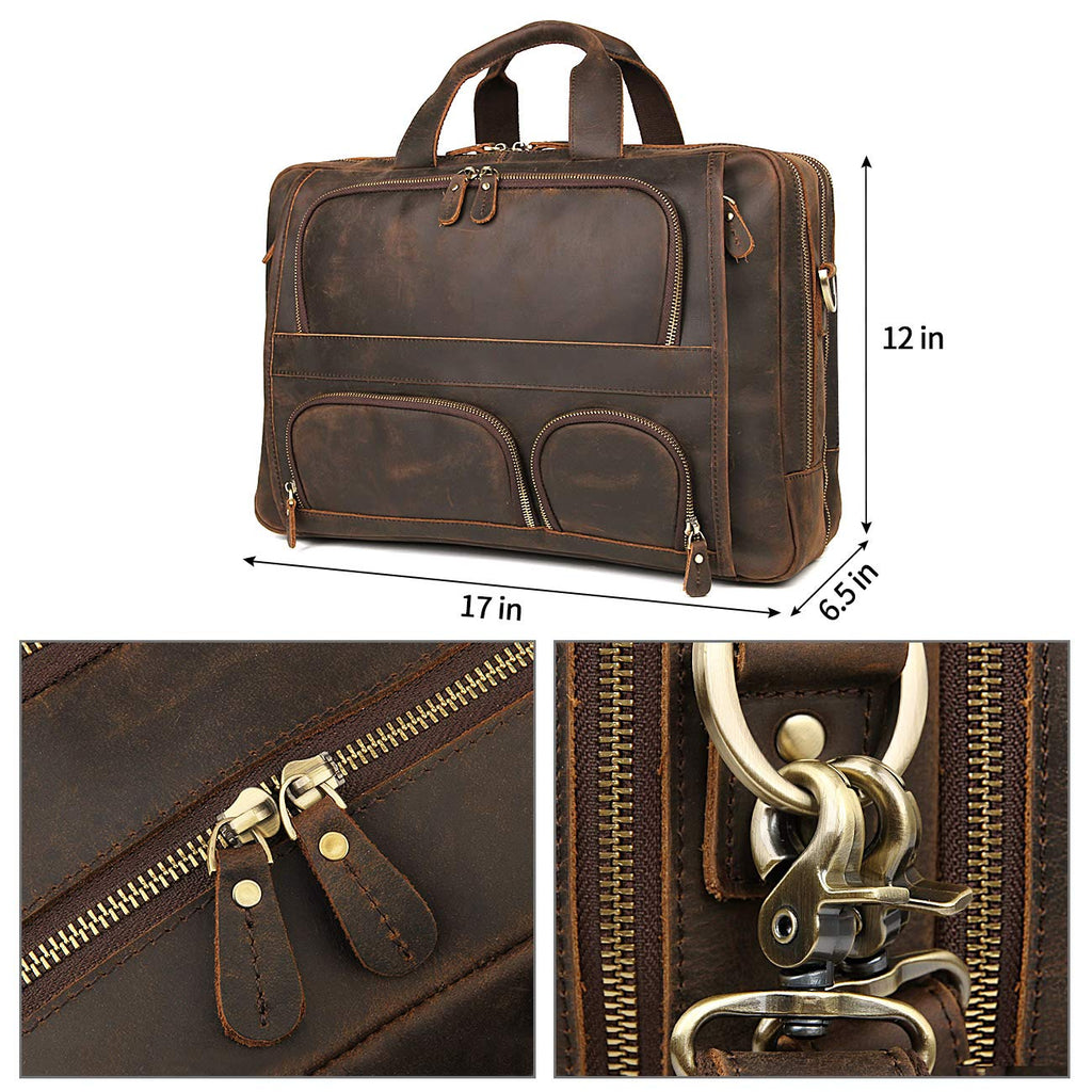 Augus Leather Briefcase Business Travel Duffel Bags for Men Laptop Bag fits 17 inches Laptop YKK Metal Zipper