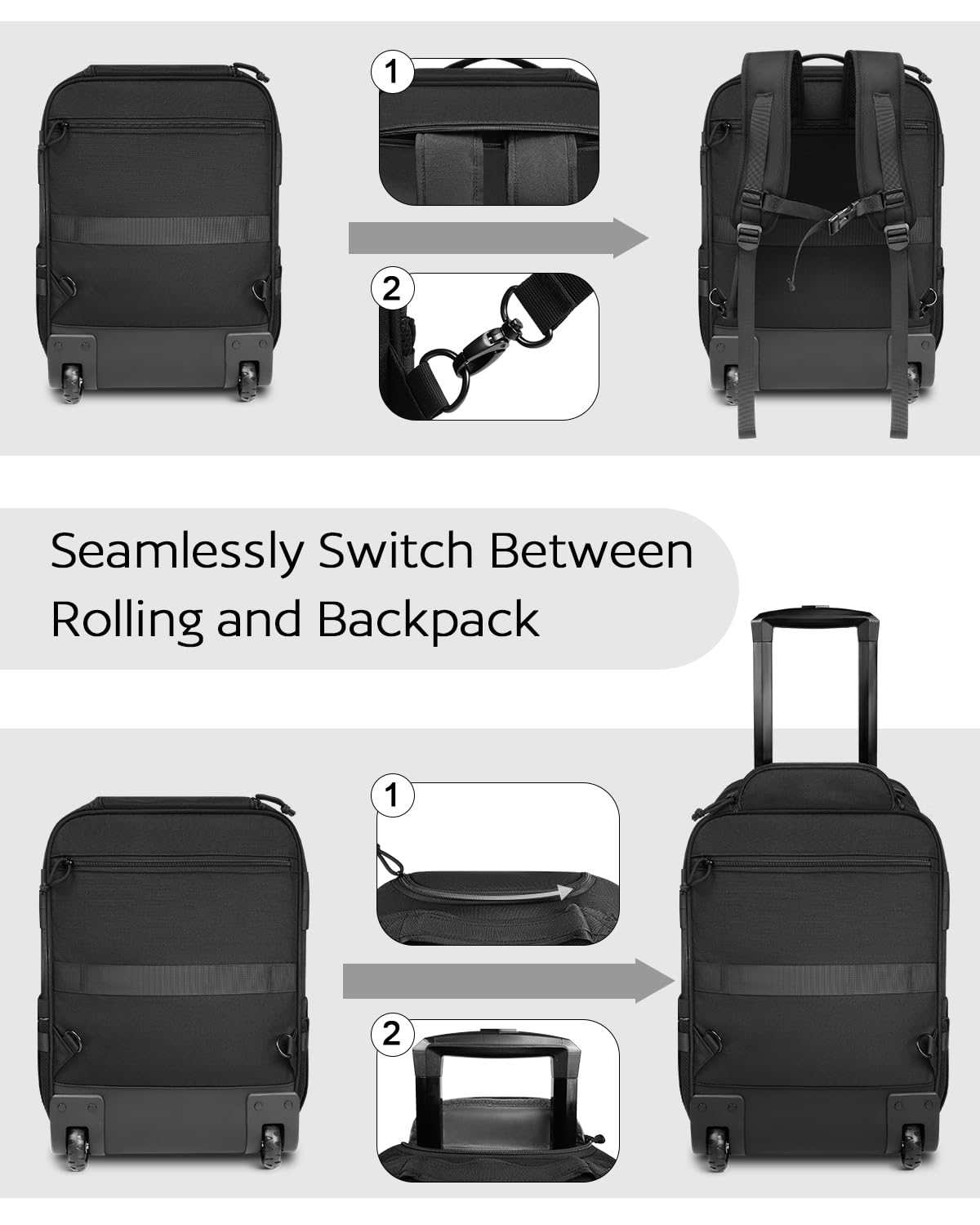 AUROTIER Rolling Tactical Laptop Backpack, 17 Inch Wheeled Computer Backpack for Men and Women, Roller Carry on Luggage for Work Travel, Overnight Molle Outdoor Hiking Bag with Wheels, Black