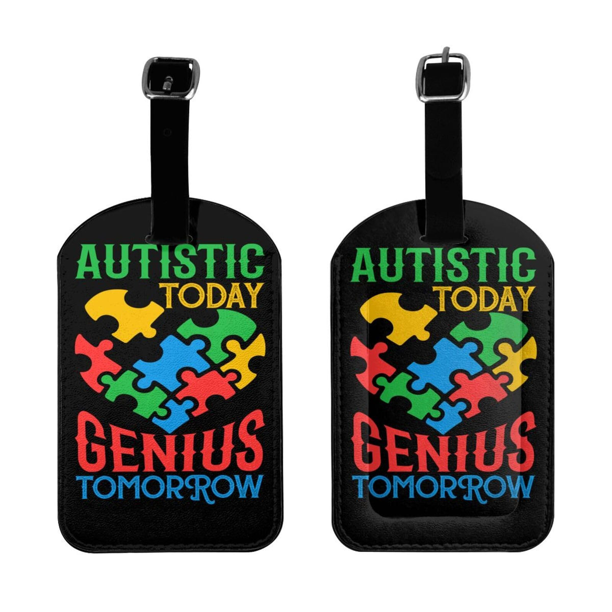 Autistic Today Genius Tomorrow Luggage Tags for Suitcases PU Leahter Luggage Tag with Privacy Cover ID Tags Men Women Cute Travel Bag Luggage Accessories