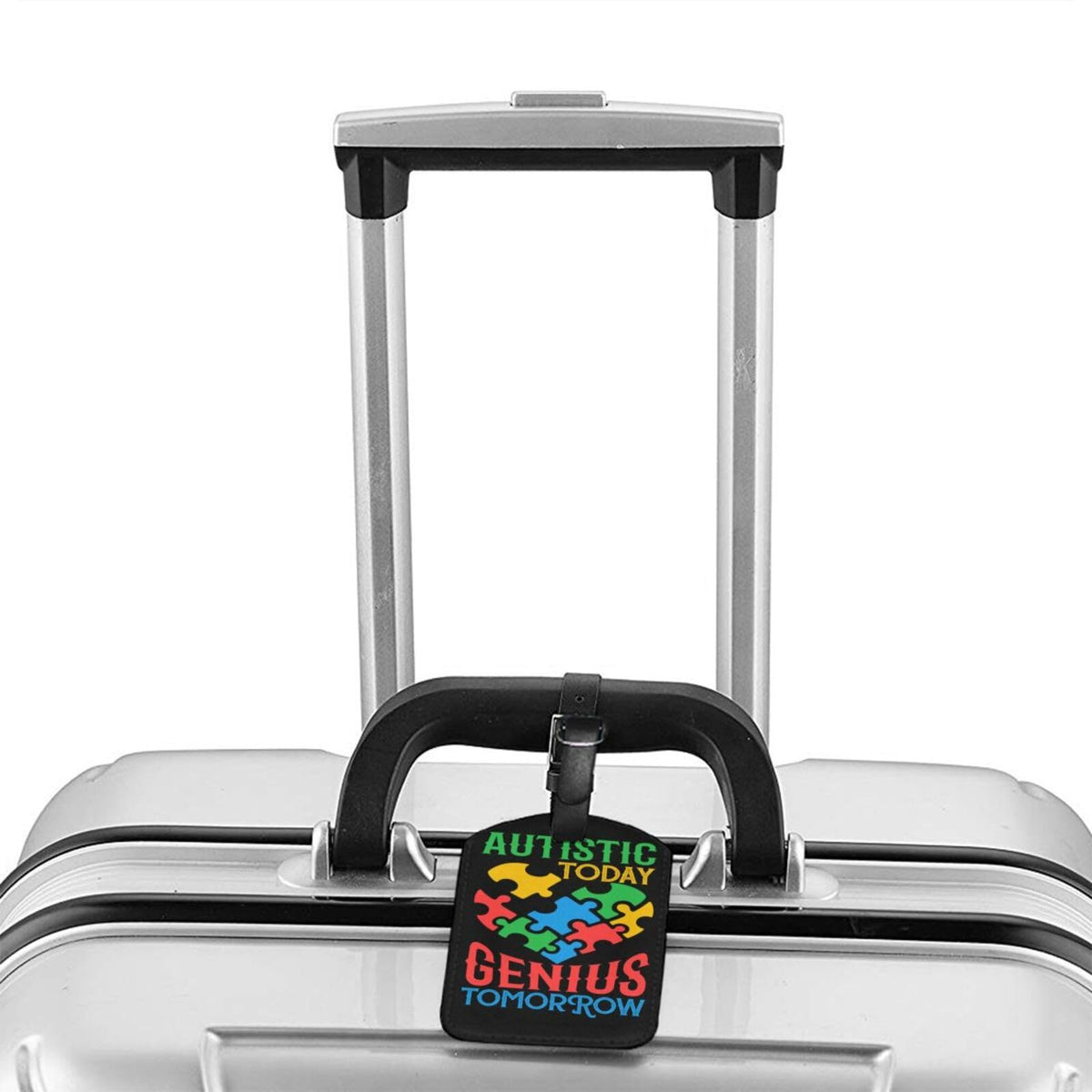 Autistic Today Genius Tomorrow Luggage Tags for Suitcases PU Leahter Luggage Tag with Privacy Cover ID Tags Men Women Cute Travel Bag Luggage Accessories