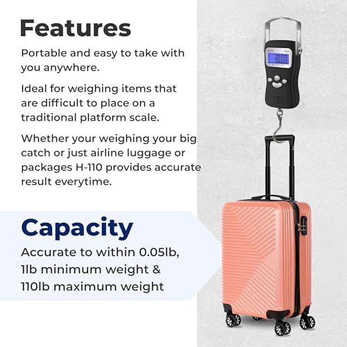 AWS Digital Luggage Scale, Fish Weighing Scale, Hanging Scale 110lb/50kg – Die-Cast Metal Construction, Built-in Tape Measure, Hook & Handle – for Travel, Fishing, Archery, Hunting, Outdoor (Black)