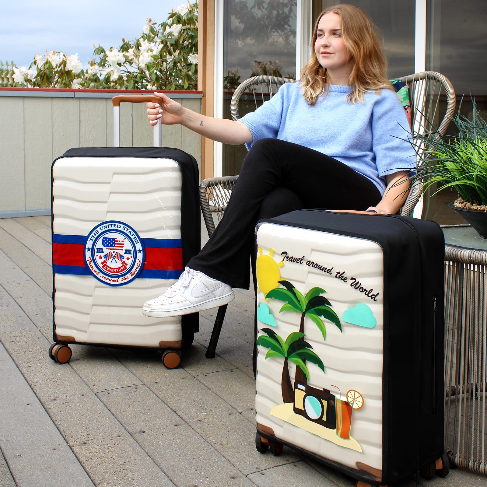 AzulHome Suitcase cover - designed with travel elements to easily identify airports