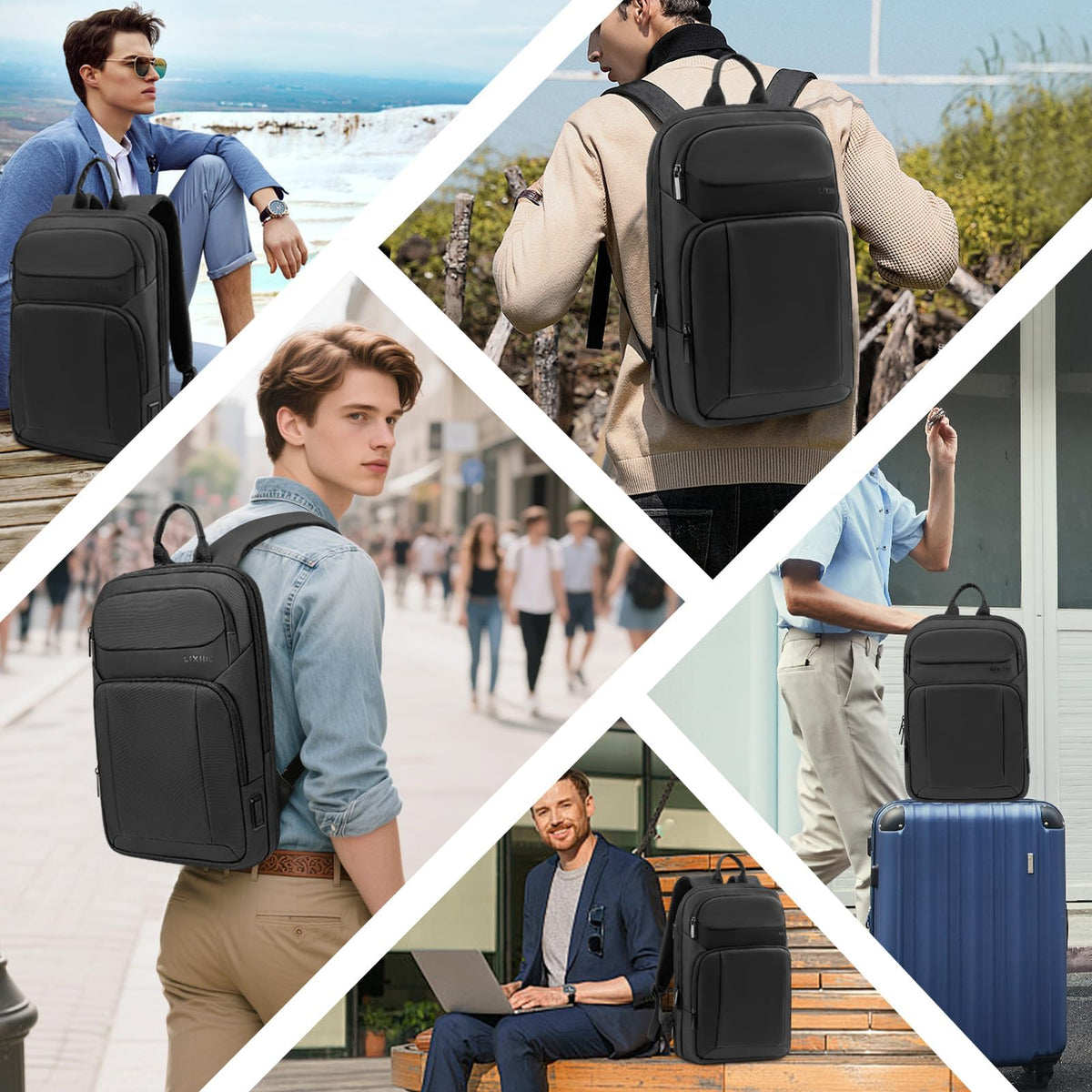 Backpack for Men Slim & Expandable Travel Laptop Backpack with USB Charging Port Water Resistant Anti - Theft Business Backpack Fits 15.6In Laptop for Commute Work College with Small Bag(Business Black)