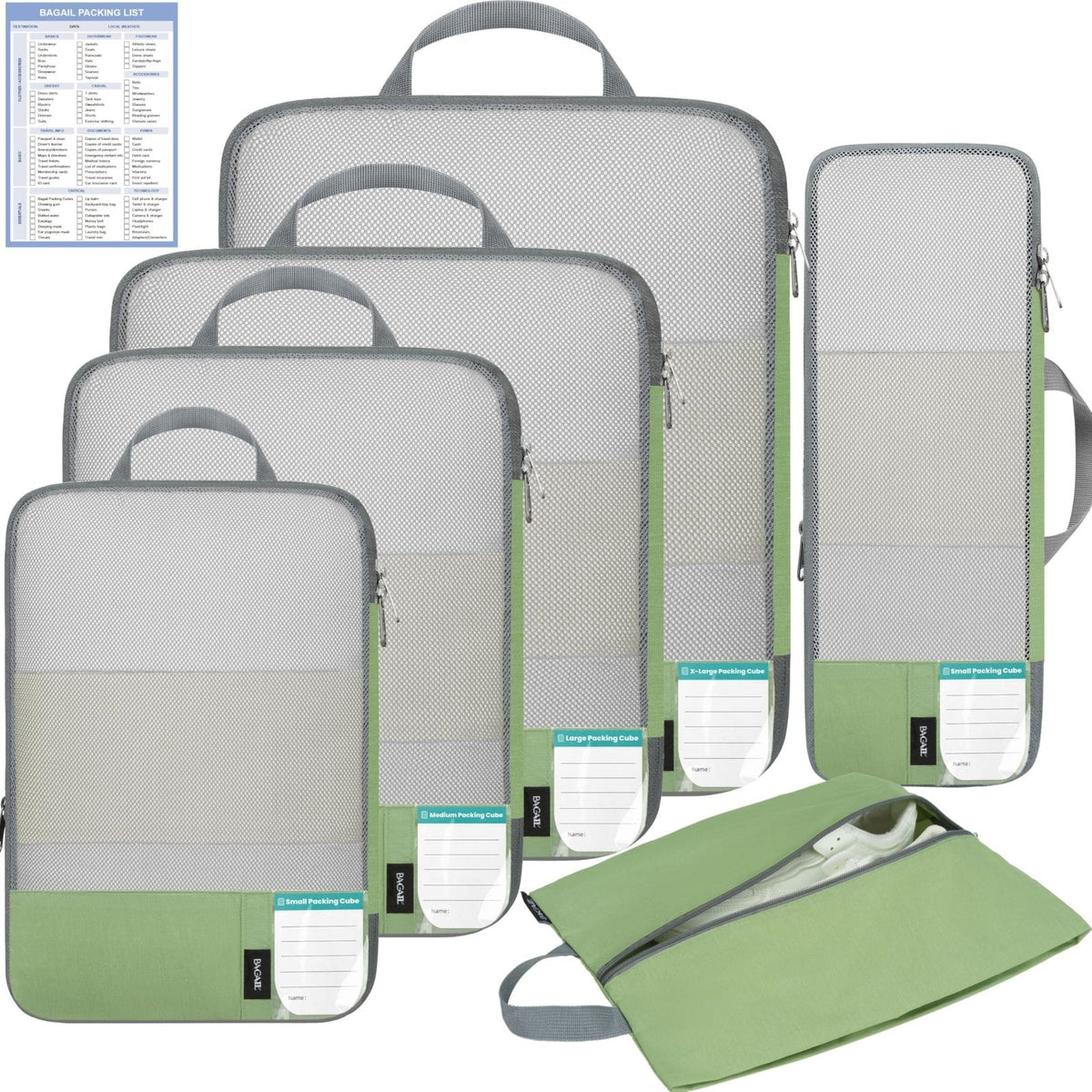 BAGAIL 6 Set Lightweight Compression Packing Cubes with Packing List, Anti-Tearing Expandable Organizer Bags for Travel, Matcha Green