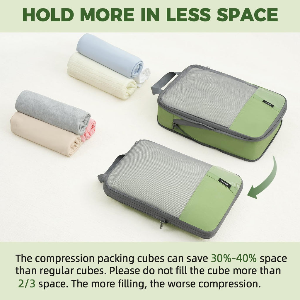 BAGAIL 6 Set Lightweight Compression Packing Cubes with Packing List, Anti - Tearing Expandable Organizer Bags for Travel, Matcha Green