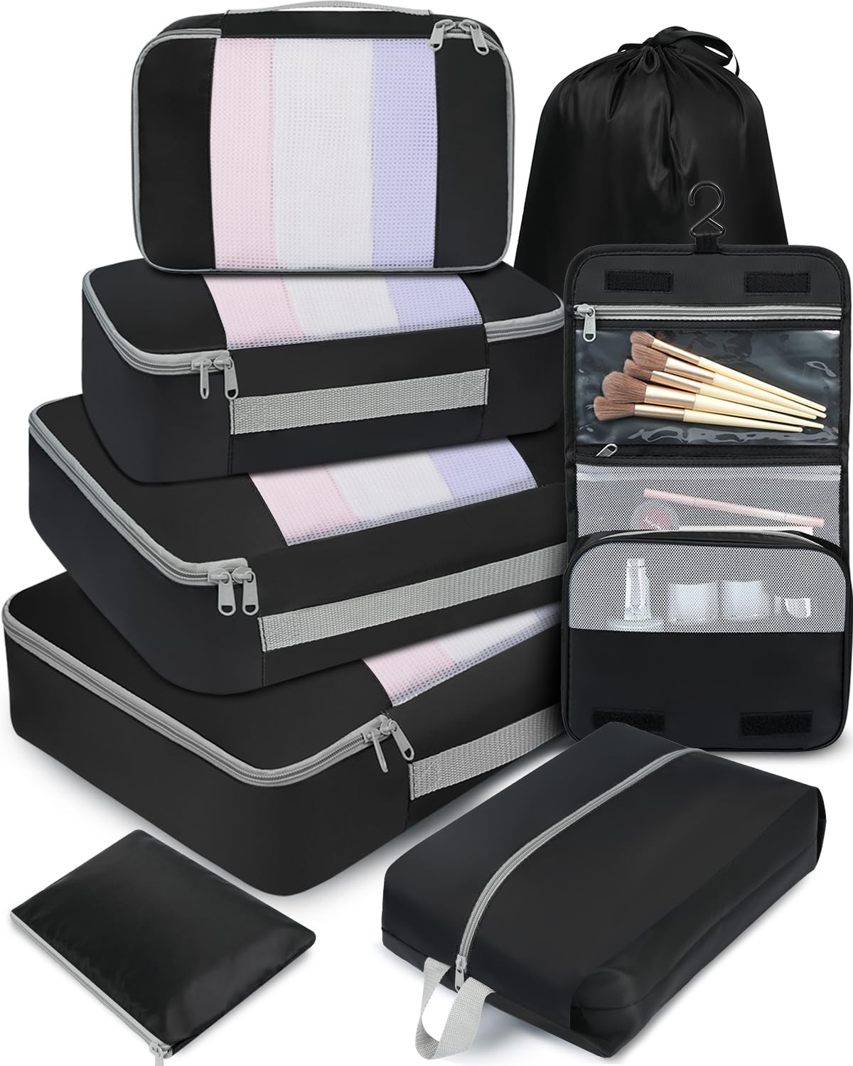 BAGAIL 8 Set Packing Cubes Various Sizes Packing Organizer for Travel Accessories Luggage Carry On Suitcase-Black