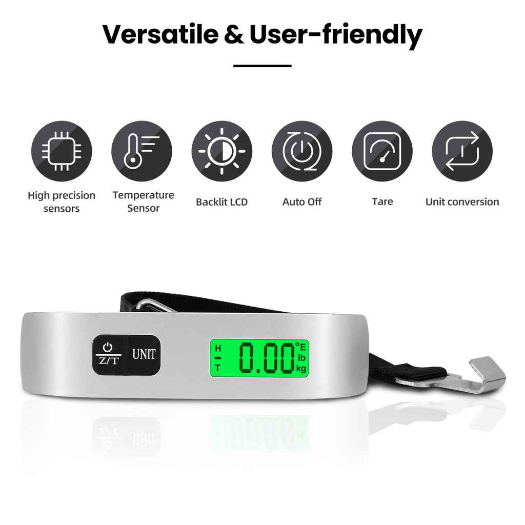 BAGAIL Digital Luggage Scale, 110lbs Hanging Baggage Scale with Backlit LCD Display,Portable Suitcase Weighing Scale,Travel Luggage Weight Scale with Hook,Strong Straps for Travelers(Ash Silver/Temp