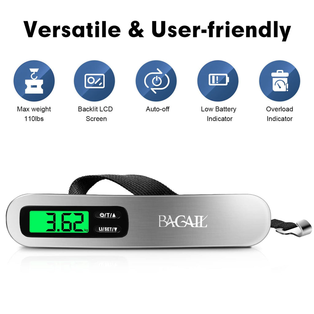 BAGAIL Digital Luggage Scale,110lbs Hanging Baggage Scale with Backlit LCD Display,Portable Suitcase Weighing Scale,Travel Luggage Weight Scale with Hook,Strong Straps for Travelers(Silver)