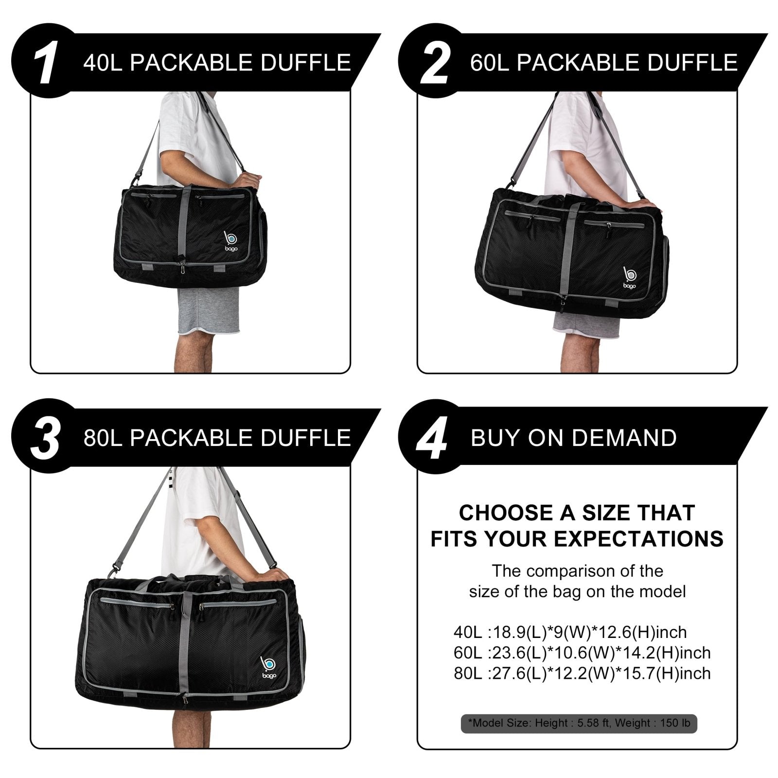 Bago Large Duffle Bag for Travel Women & Men. Durable Lightweight Foldable Travel Duffel Bags For Traveling Women. 80L Duffle Bags For Overnight Bag With Shoe Compartment Collapsible Weekender duffel