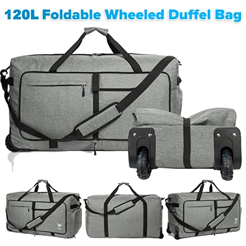 Bago Rolling Duffle Bag with Wheels - 31" 120L Foldable Weekender Bag, Waterproof Travel Duffel Bag, Heavy Duty Lightweight Duffle Bag for Traveling, Rolling Duffel Bag with Wheels (SnowGray0023)