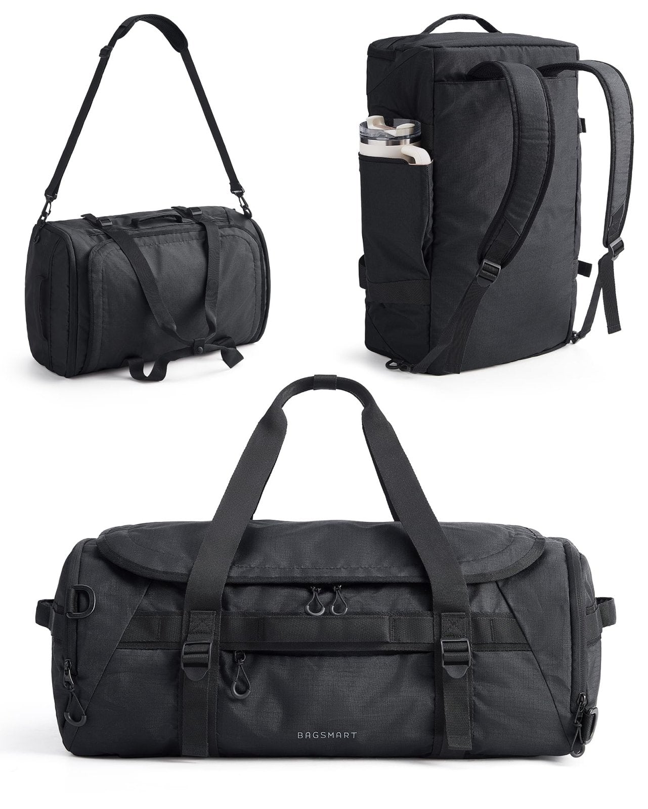 BAGSMART 4-IN-1 Duffle Bag for Travel, 40L Travel Bag Gym Duffle, TSA Carry on Backpack with Shoes Compartment & Wet Pocket, Water-resistant Workout Duffel, Black