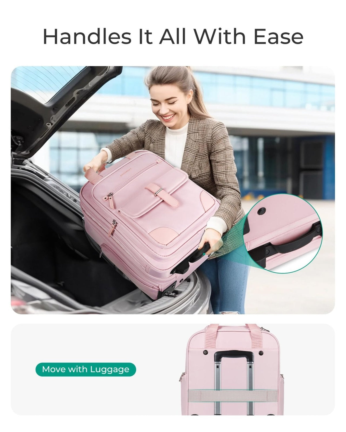 BAGSMART Carry on Luggage with Wheels, 16 - inch Underseat Travel Suitcase Airline approved, Lightweight Softside Carry - on Luggage for Airplanes Women Overnight Rolling Bags for Short Trip, Baby Pink
