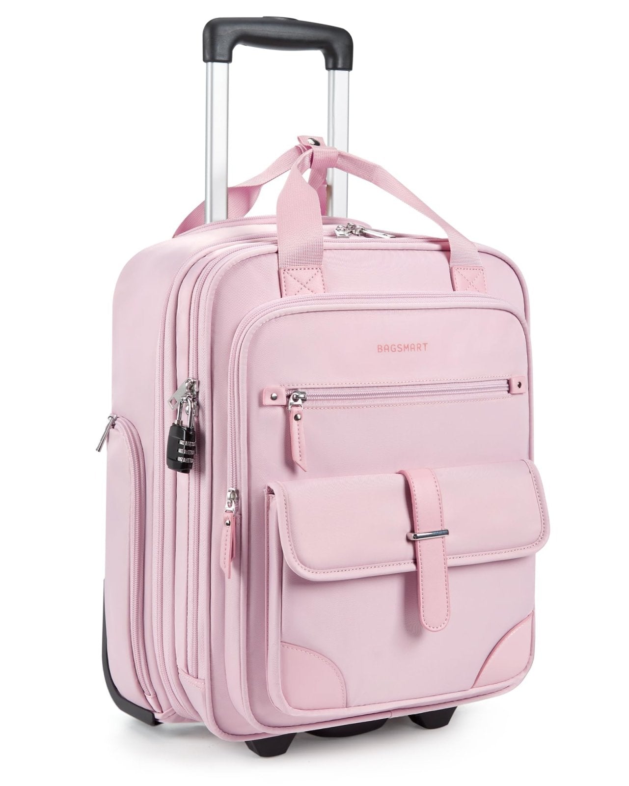 BAGSMART Carry on Luggage with Wheels, 16-inch Underseat Travel Suitcase Airline approved, Lightweight Softside Carry-on Luggage for Airplanes Women Overnight Rolling Bags for Short Trip, Baby Pink
