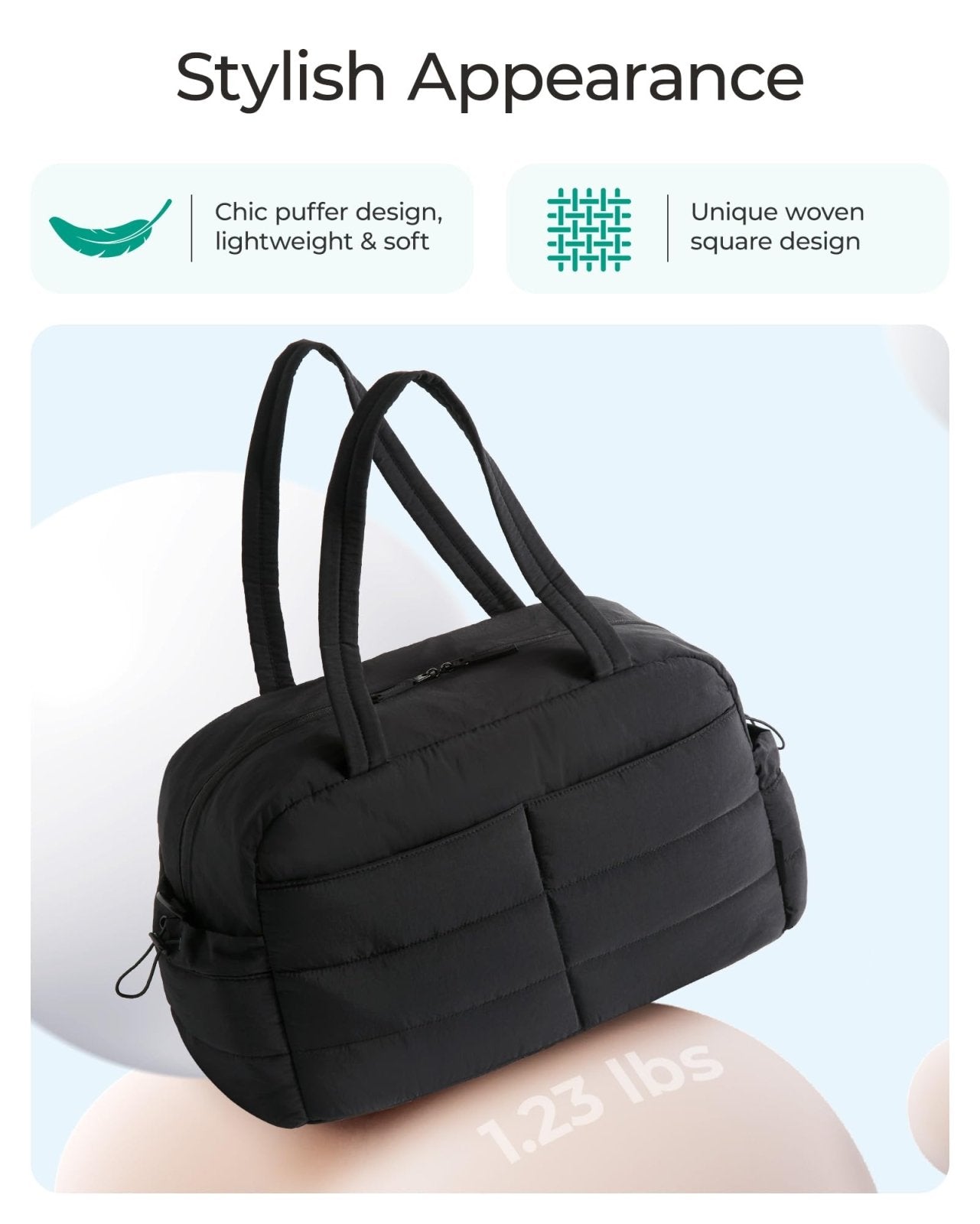 BAGSMART Gym Bag for Women, Lightweight Puffer Duffle Bag 2 - PC Travel Bag, 31L Weekender Overnight Bag Quilted Carry On Tote Bag, Diaper Hospital Dance bag for Travel, Gym, Water Resistant, Black