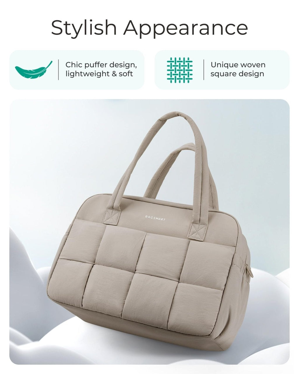BAGSMART Gym Bag for Women, Personal Item Bag Puffer Duffle Bag, Weekender Overnight Bag Carry On Tote Bag for Travel, Camel