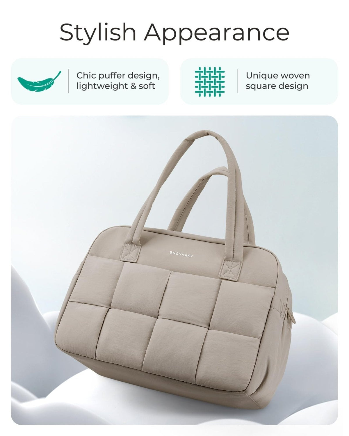 BAGSMART Gym Bag for Women, Personal Item Bag Puffer Duffle Bag, Weekender Overnight Bag Carry On Tote Bag for Travel, Camel