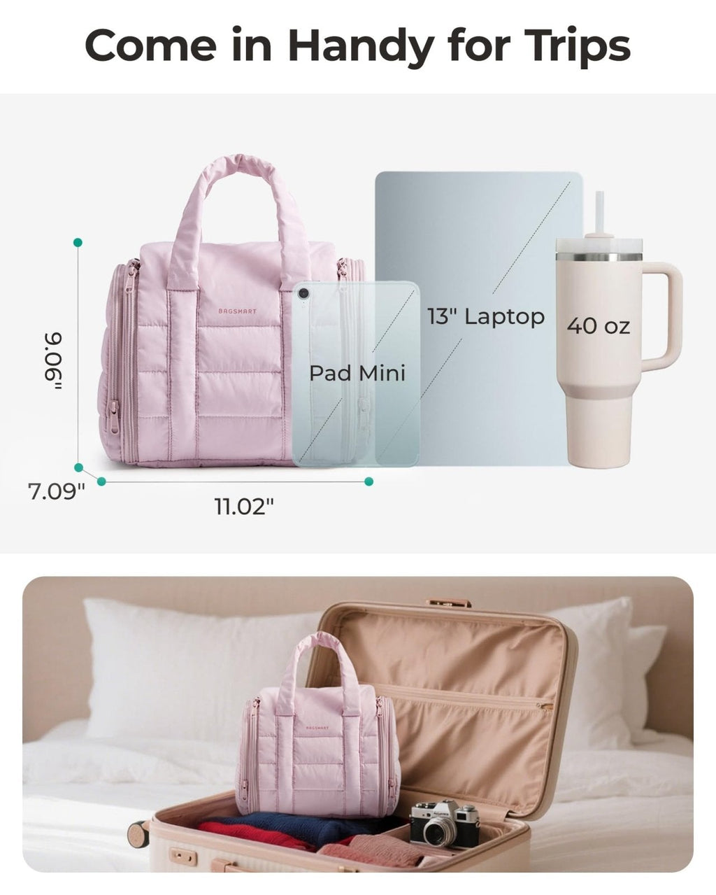 BAGSMART Hanging Toiletry Bag with Removable Partition, Puffy Water - resistant Fabric, Cosmetic Bag Makeup Bag for Full Sized Toiletries, Nude Pink