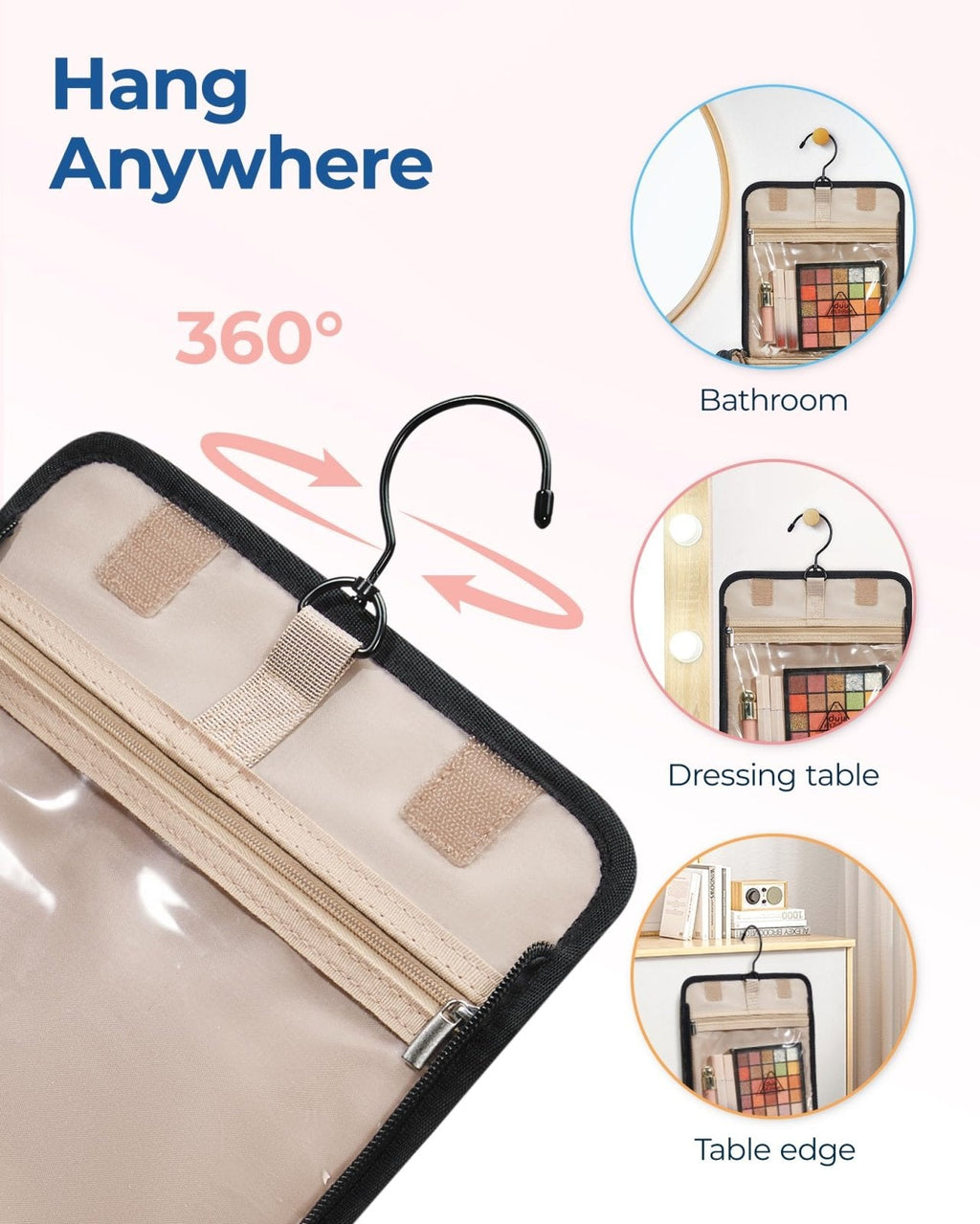 BAGSMART Hanging Travel Toiletry Bag, Large Capacity Water - resistant Cosmetic Organizer with Handle for Brushes Accessories, Black