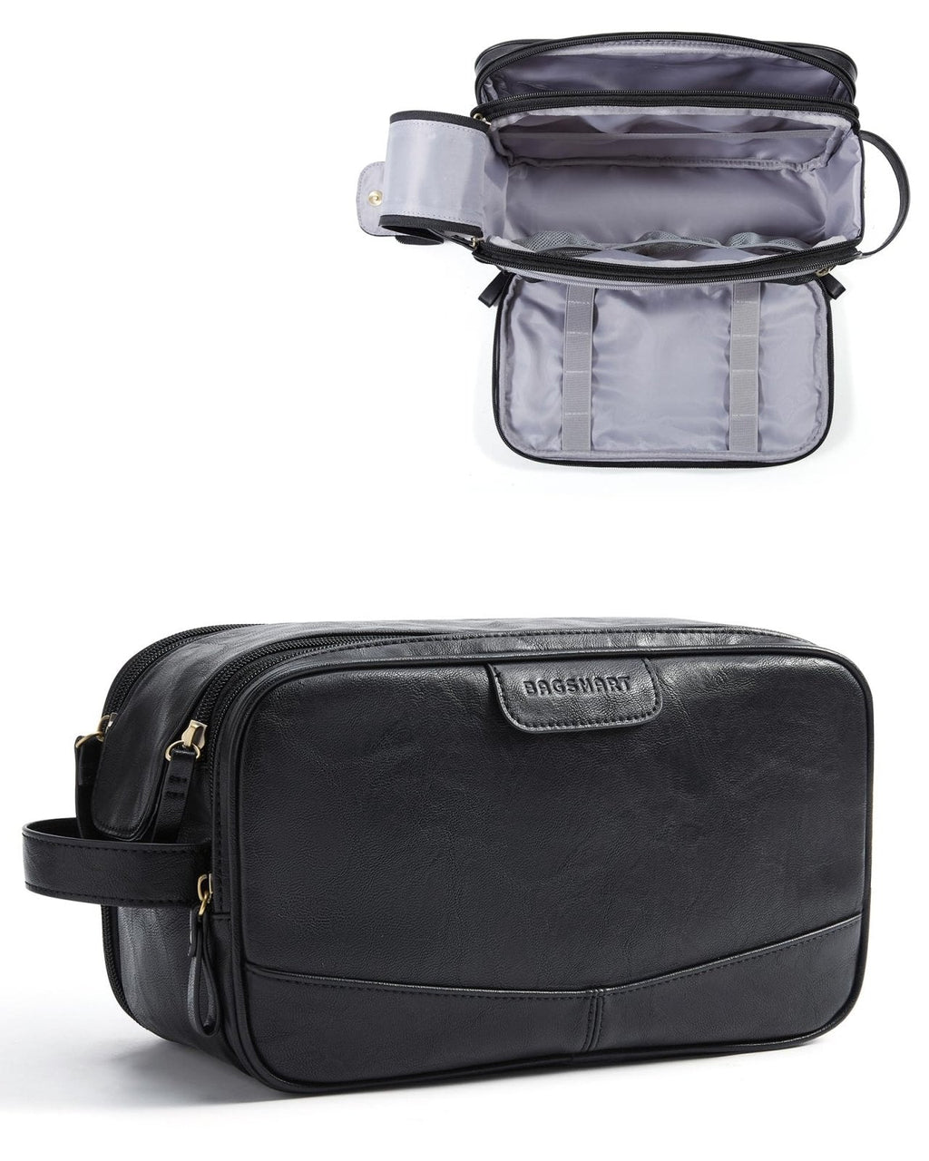 BAGSMART Large Toiletry Bag for Men, High-gloss PU Leather Travel Bag for Toiletries, Dopp Kit Water Resistant Shaving Bag for Bathroom Shower-Black