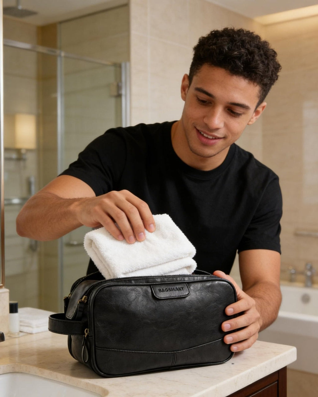BAGSMART Large Toiletry Bag for Men, High - gloss PU Leather Travel Bag for Toiletries, Dopp Kit Water Resistant Shaving Bag for Bathroom Shower - Black